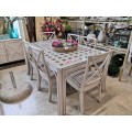 CONJUNTO MESA CONNIE C/CRISTAL, 6 SILLA CON COJIN, APARADOR Y ESPEJO