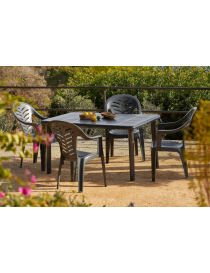 CONJUNTO RESINA RESOL OLOT-PALMA MESA RECTANGULAR 140X90 CM. Y 4 SILLONES 100% POLIPROPILENO RECICLABLE