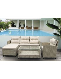 CONJUNTO JARDIN RATAN MORA SOFA 2 PLAZAS, SILLON, MESA Y REPOSAPIES CON COJINES