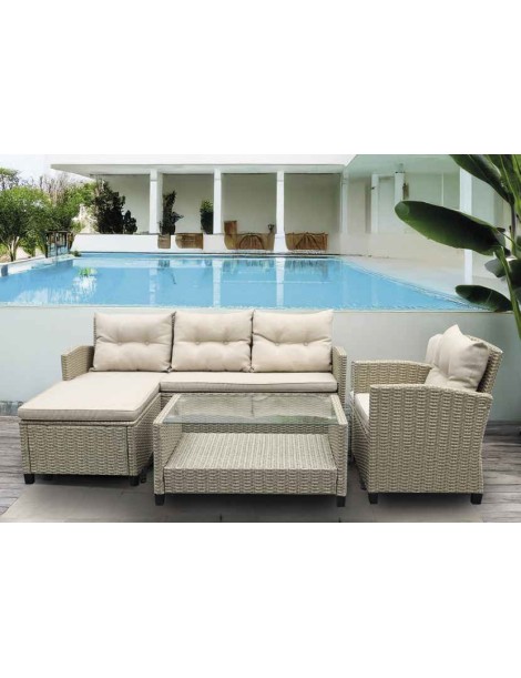 CONJUNTO JARDIN RATANMORA SOFA 2 PLAZAS, SILLON, MESA Y REPOSAPIES CON COJINES