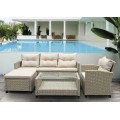 CONJUNTO JARDIN RATAN MORA SOFA 2 PLAZAS, SILLON, MESA Y REPOSAPIES CON COJINES