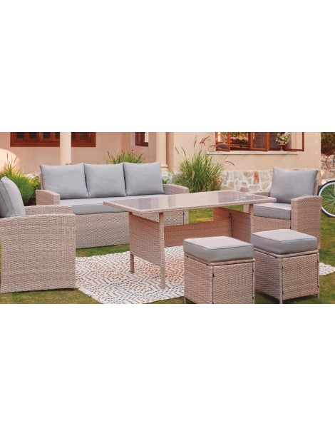 CONJUNTO JARDIN RATAN MADAGASCAR. SOFA, 2 SILLONES, 2 REPOSAPIES Y MESA